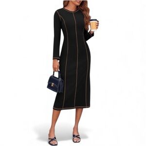 Wenrine Casual Long Sleeve Contrast Stitch Ribbed Knit Crewneck fall Midi Dress